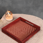 Handcrafted Square Wooden Tray – Bamboo Weave & Solid Frame for Serving & Decor
